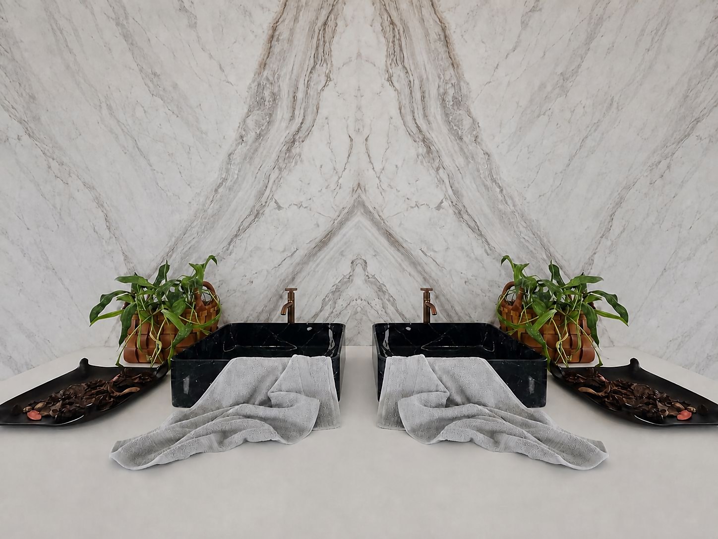 Doppio lavabo in marmo nero Marquina, styling editoriale