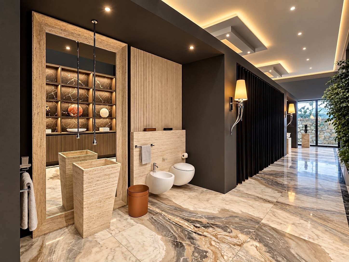 Corridoio showroom con doppio lavabo in travertino