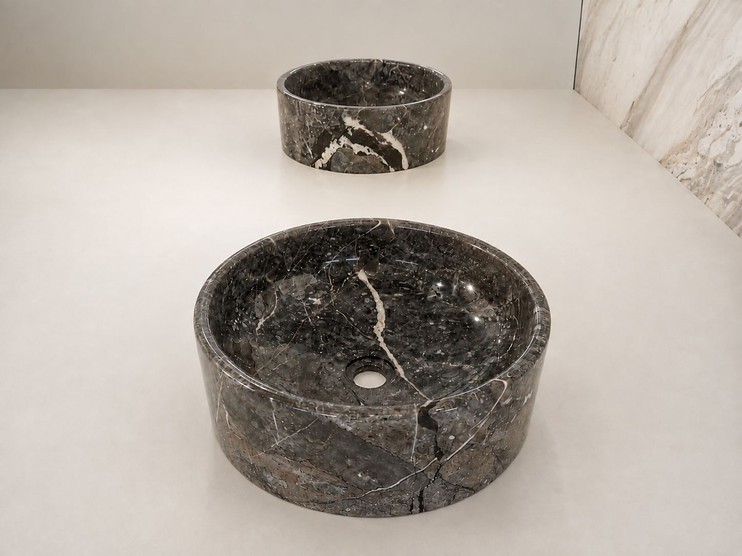 Lavabi a tamburo in marmo grigio-nero screziato