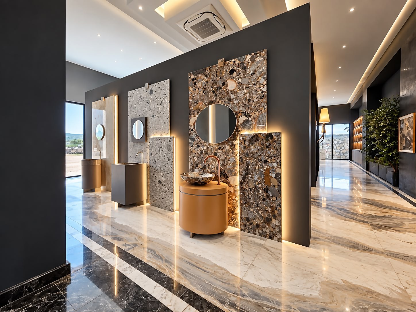 Parete showroom con pannelli in travertino e breccia