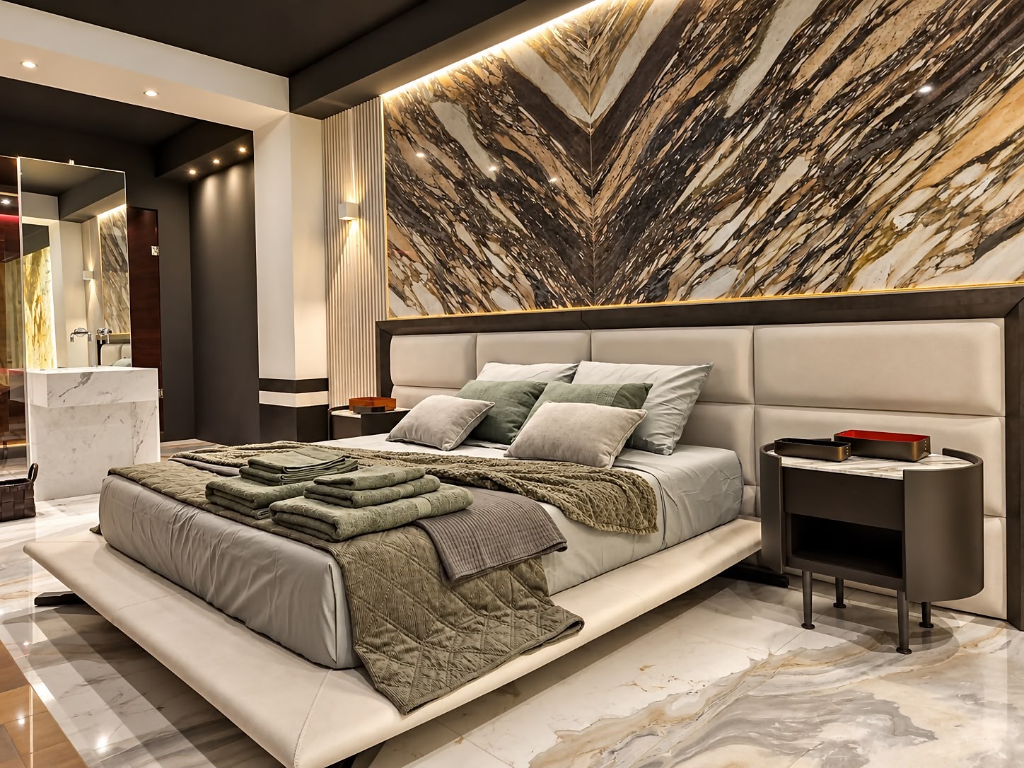 Letto e testiera in marmo a effetto chevron