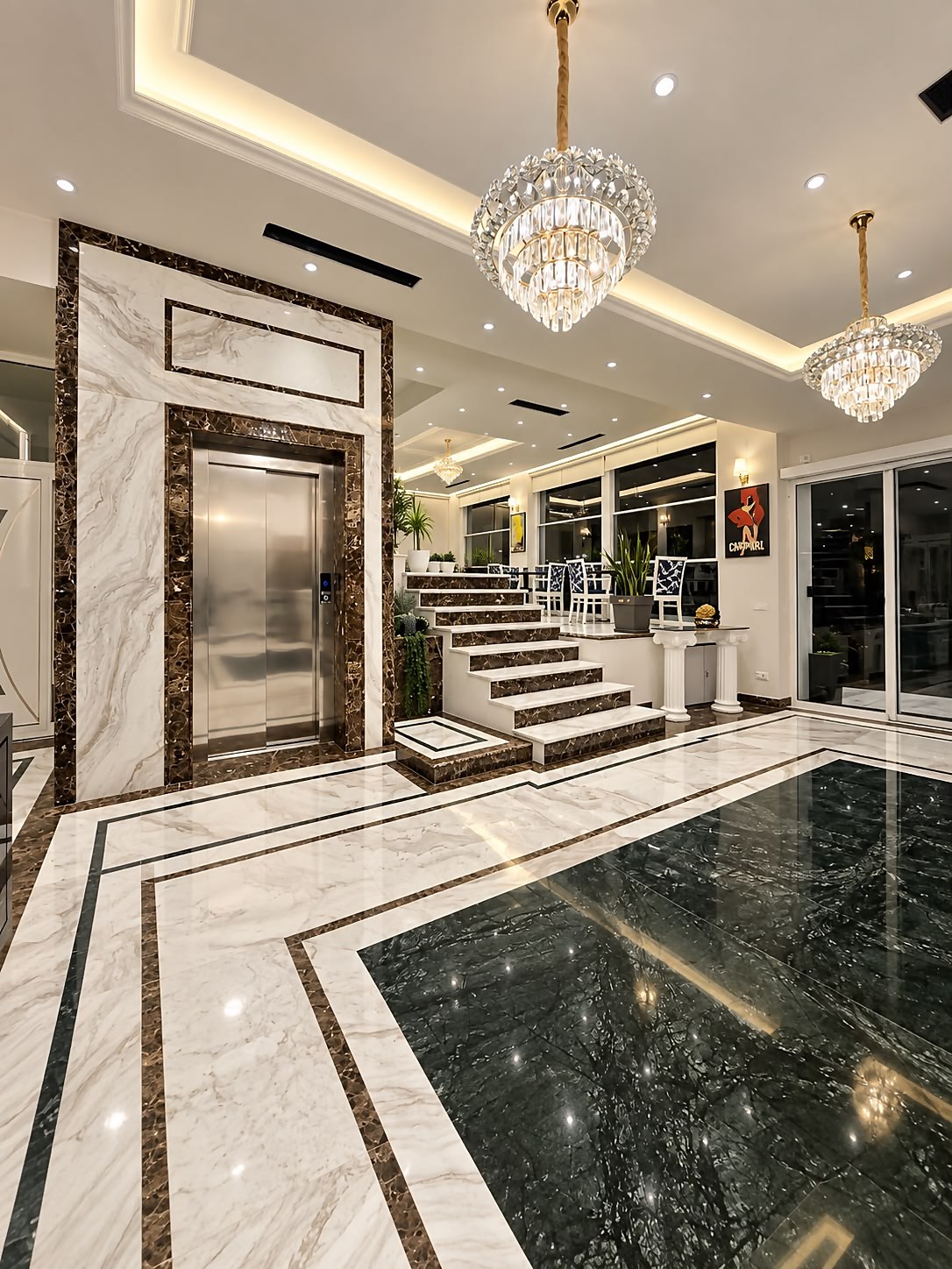 Hall, doppio lampadario